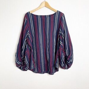 Cabi 5516 Shrimpton Blouse Navy Red White Striped Balloon Sleeve Cotton XL